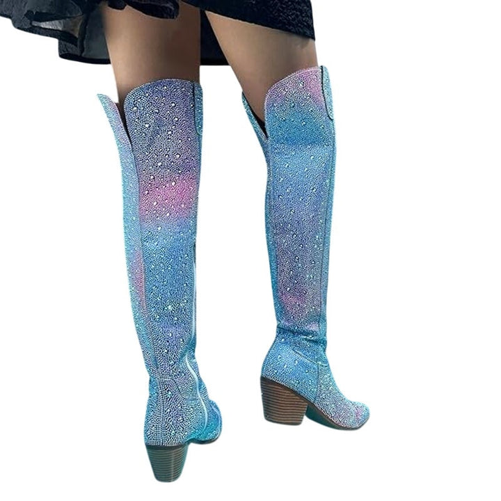 Ronilurn Womens Size 6.5 Rainbow Blue Pink Rhinestone Over the Knee Cowboy Boots2