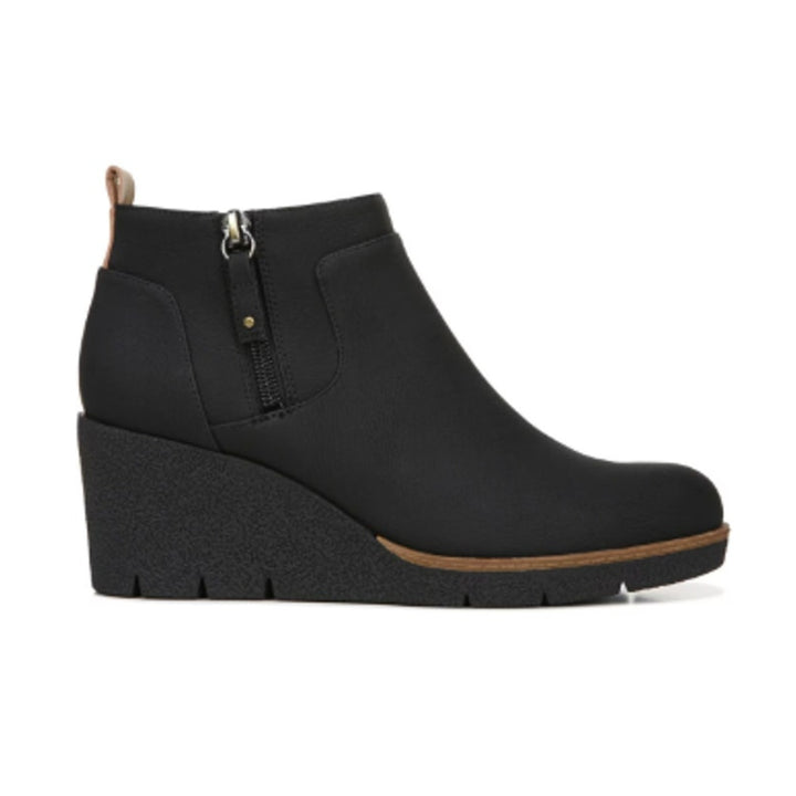 New In Box Dr Scholls Womens 8.5 Black Faux Leather Bianca Wedge Bootie Shoes