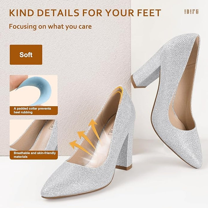 IDIFU Womens Size 6.5 Silver Glitter 4" Chunky Heel Pointed Closed Toe Shoes