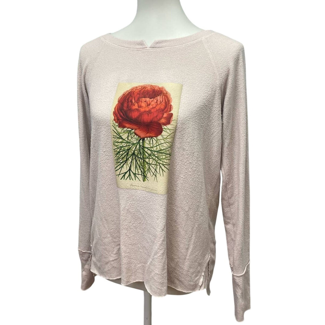 Hand Printed Upcycled Small Red Peony Flower Long Sleeve Crew Neck Sweatshirt