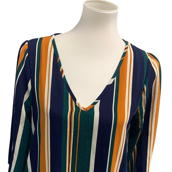 Entro Womens Small Deep V Modern Striped Tie  Long Sleeve Sheath Dress