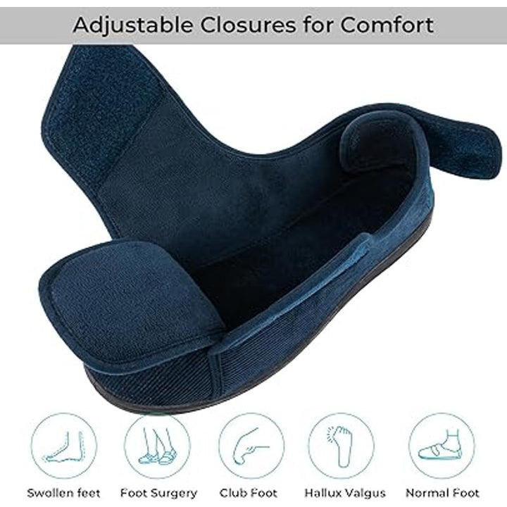 Home Top Mens Size 9 Navy Corduroy Adjustable Hook &amp; Loop Memory Foam Slippers