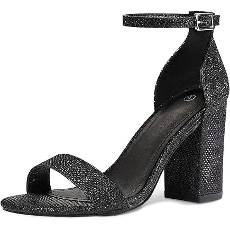 Coasis Womens Size 9.5 Black Glitter Open Toe Ankle Strap 3.5" Block Heel Shoes