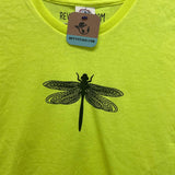 Hand Printed Upcycled Kids Medium Dragonfly Neon Yellow Short Sleeve Tee Shirt