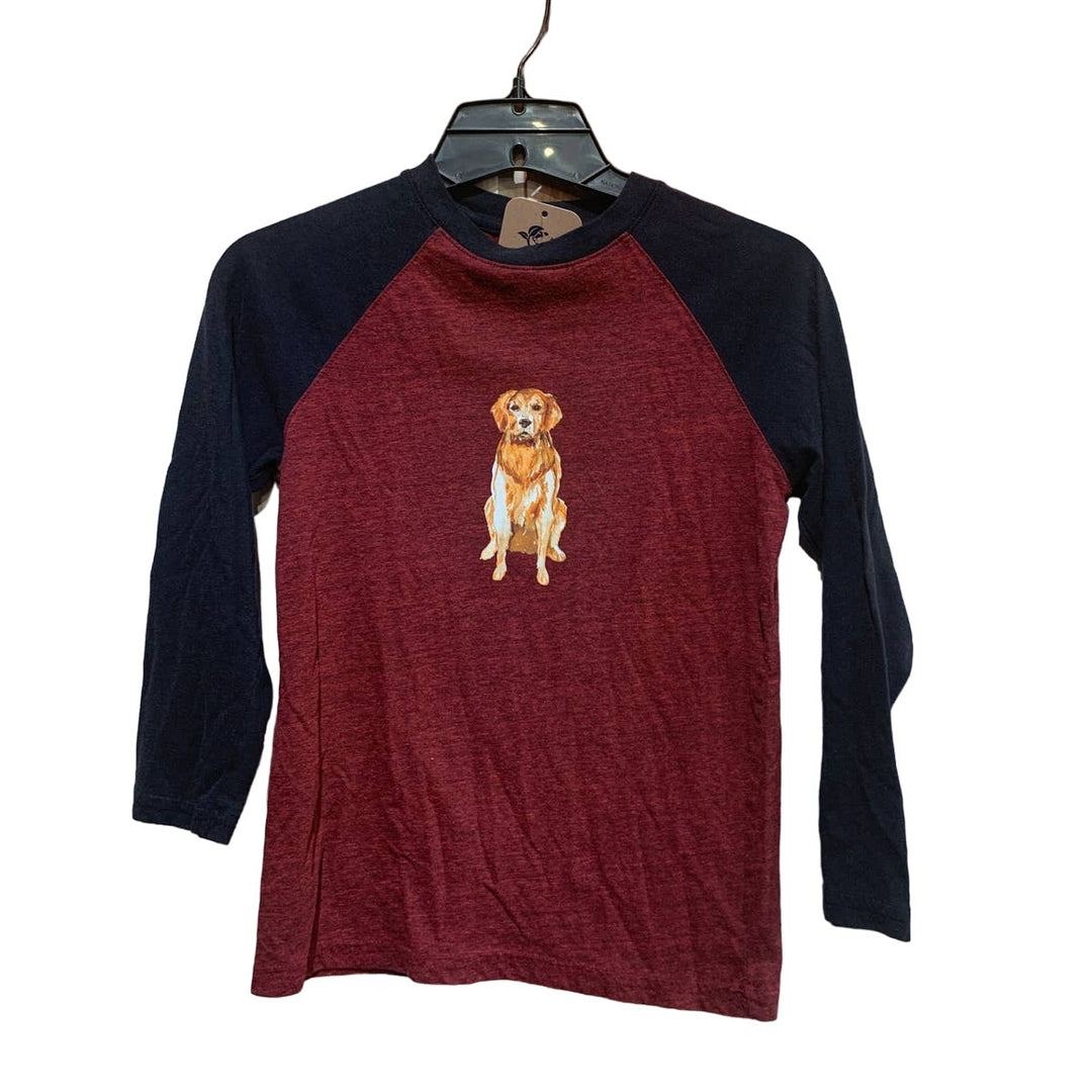Hand Printed Upcycled Youth Small Golden Retriever Puppy Dog Baseball Raglan Tee