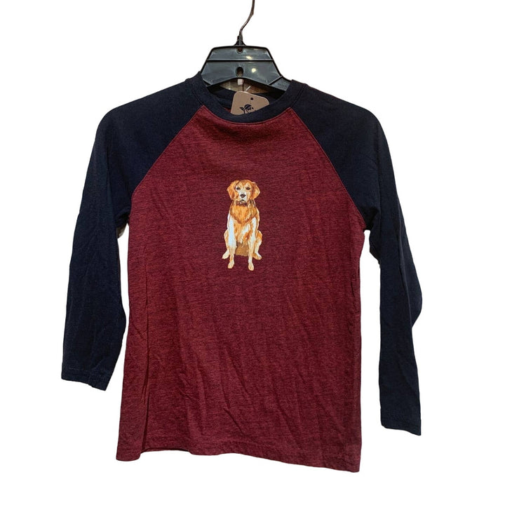 Hand Printed Upcycled Youth Small Golden Retriever Puppy Dog Baseball Raglan Tee