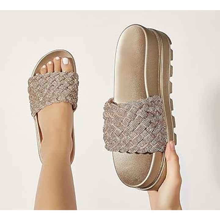 Lucky Step Womens Size 8 Rose Gold Woven Strap Slide On Platform Sandals Shoes