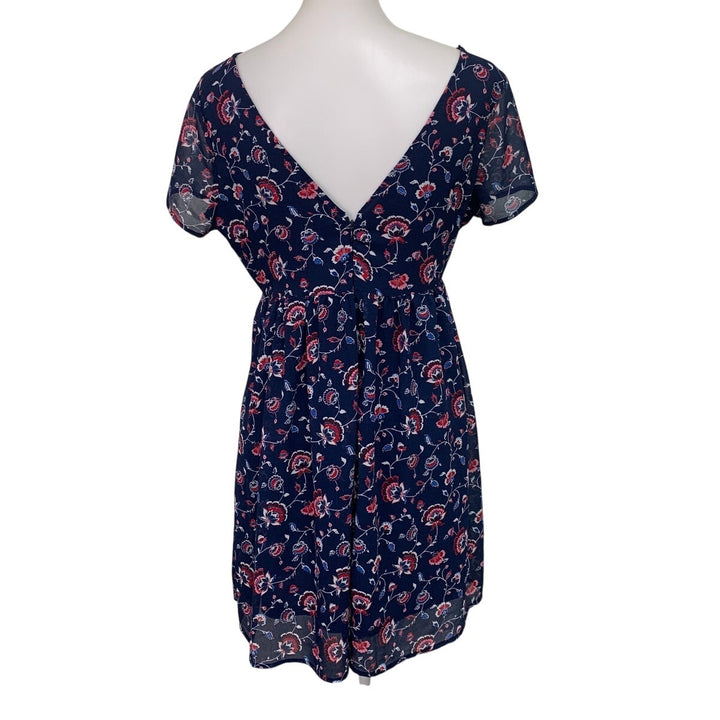 Old Navy Womens Medium Navy Blue Floral Short Sleeve Back Zip Fit n Flare Dress