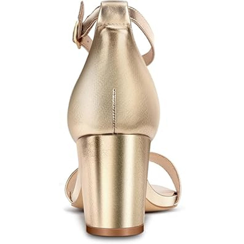 Party Womens Size 7 Shiny Gold Open Toe Ankle Strap 2.5" Block Heel Sandal Shoes