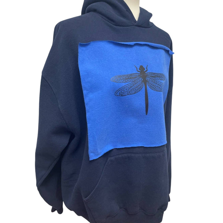 Hand Printed Men Upcycled XXL Dragonfly PolyCotton Long Sleeve Sweatshirt Hoodie