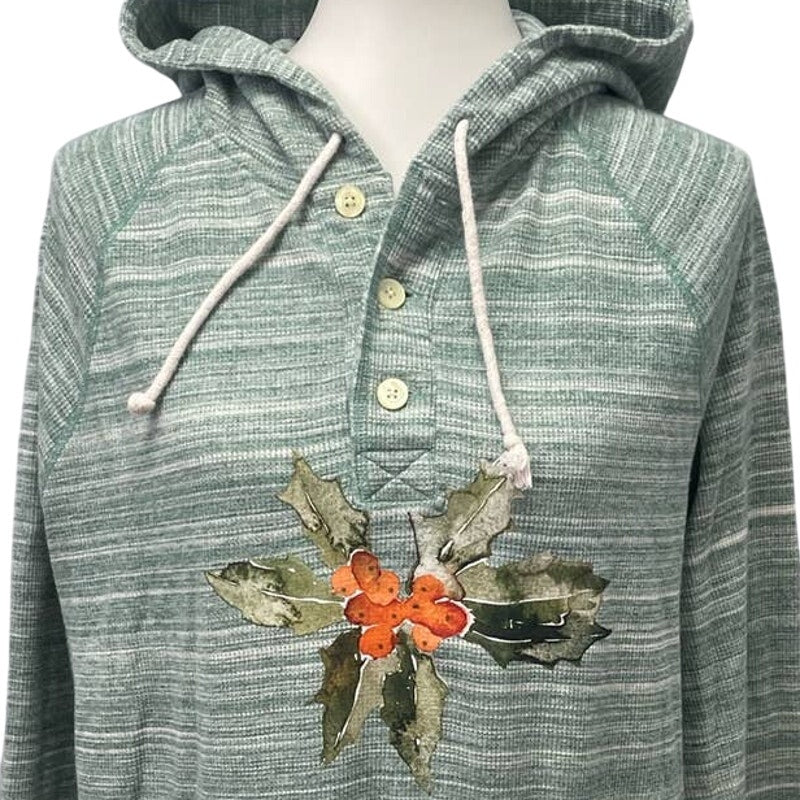 Hand Printed Womens XL Upcycled Christmas Holly Leaves Berries 1/4 Button Hoodie