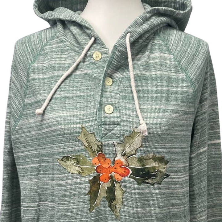 Hand Printed Womens XL Upcycled Christmas Holly Leaves Berries 1/4 Button Hoodie