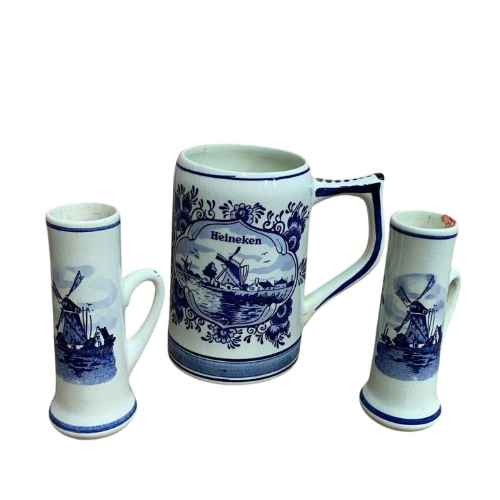 Vintage 1979 Heineken Hand Painted in Holland Delft Blue Ceramic Mug Tall Vases