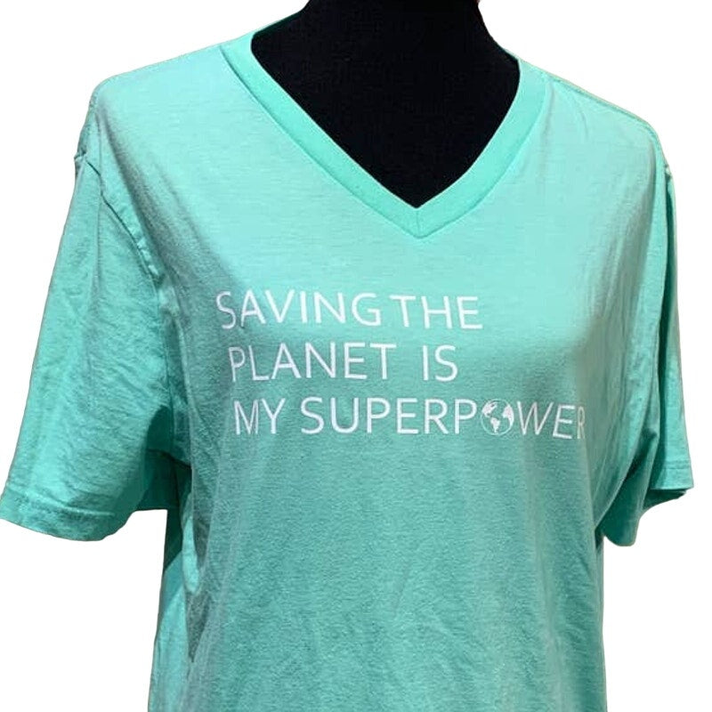 Hand Printed Upcycled Womens Large Saving the Planet is My Superpower Tee