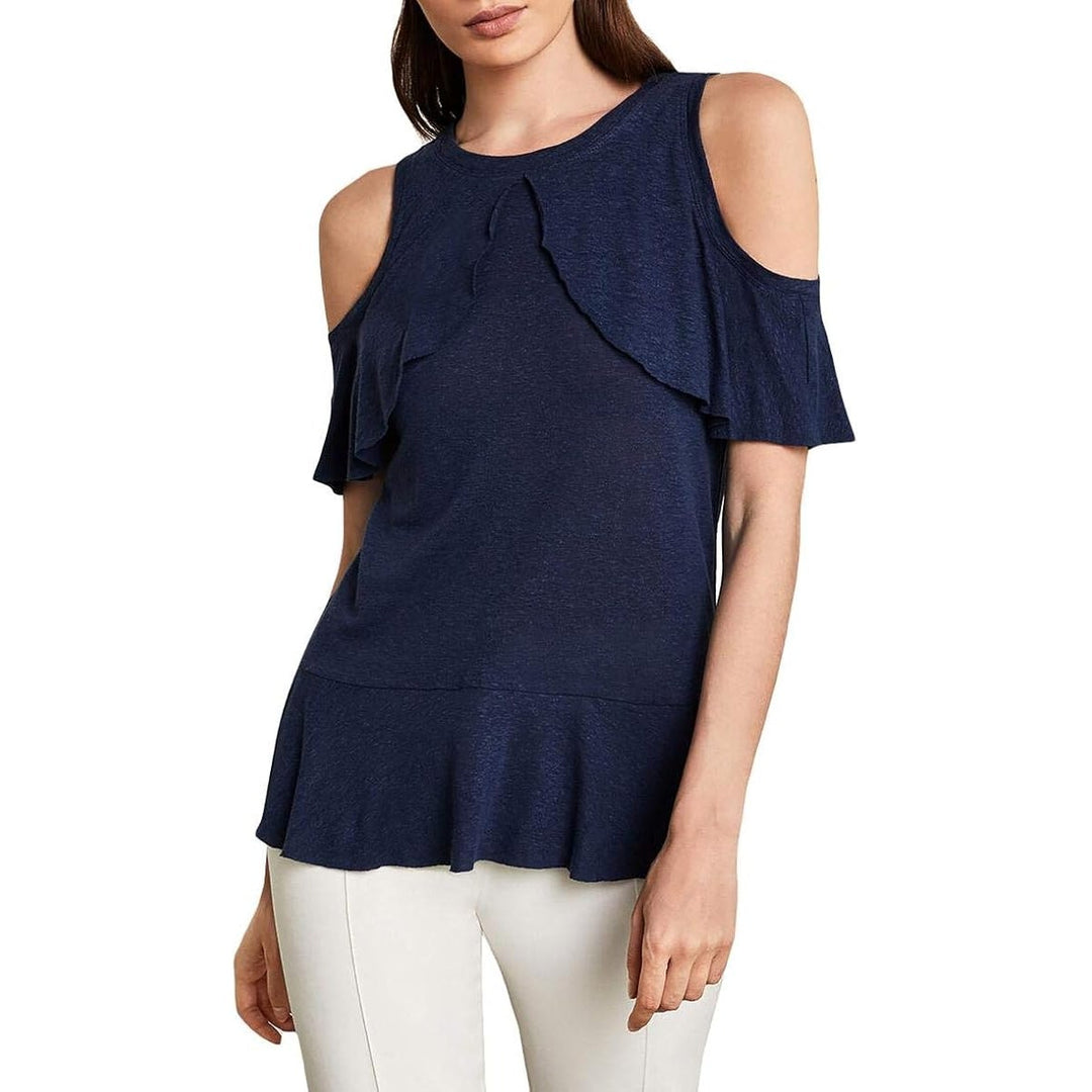 New BCBGMAXAZRIA Womens Small Dark Ink Cold Shoulder Ruffle Overlay Tank Top