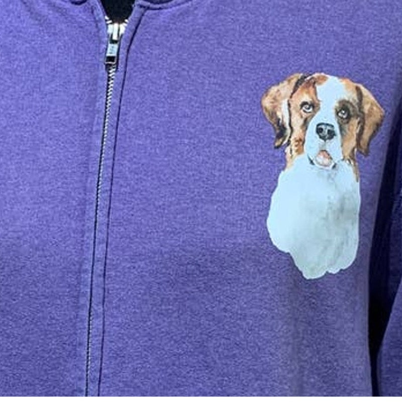 Hand Printed Upcycled Medium St Bernard Puppy Dog Sweatshirt Full Zip Hoodie