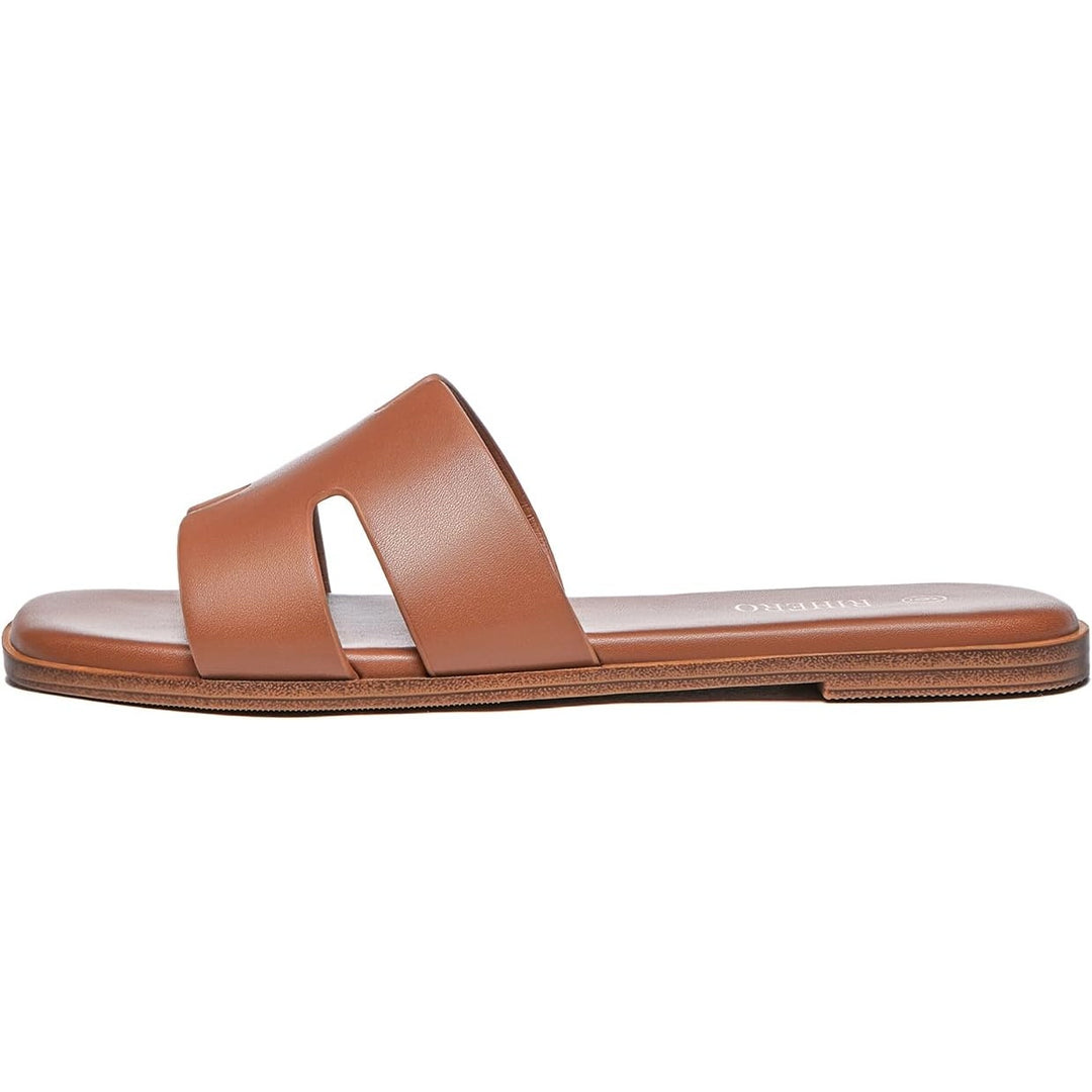 Rihero Womens Size 7 Brown Faux Leather Open Toe Slide On Dressy Flat Sandals