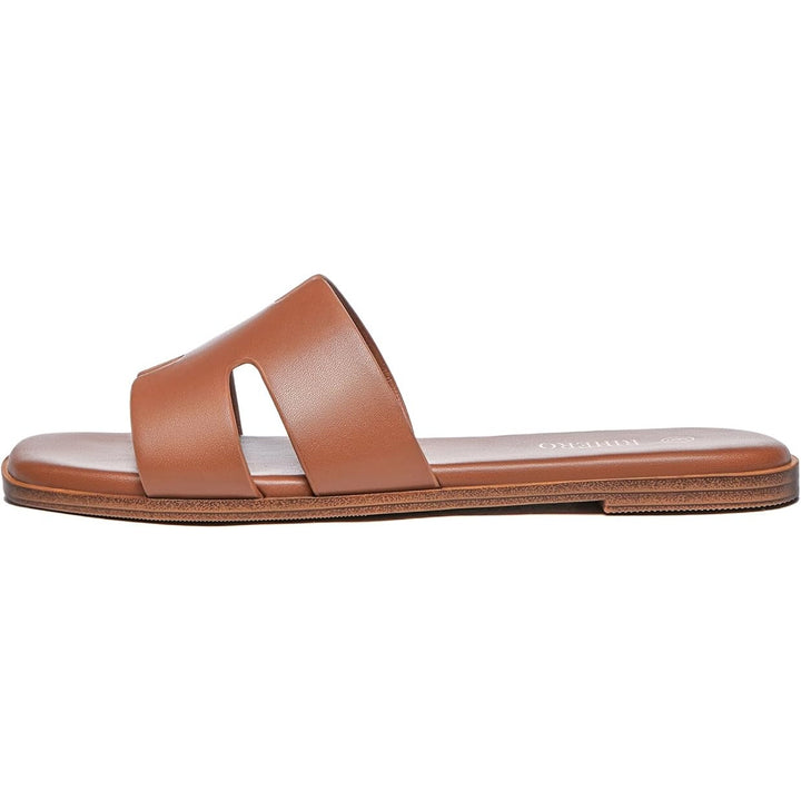 Rihero Womens Size 7 Brown Faux Leather Open Toe Slide On Dressy Flat Sandals