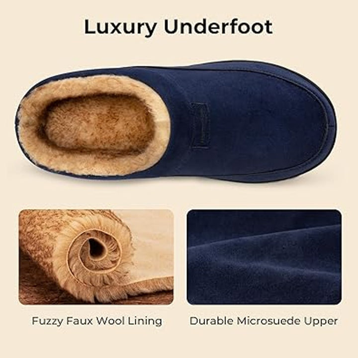 New Home Top Mens Size 9-10 Faux Fur Lined Blue Moccasin Memory Foam Slippers