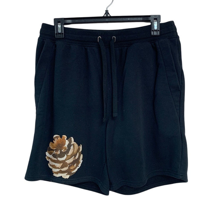 Upcycled Hand Printed Womens Medium Rustic Pinecone Drawstring Waist Shorts