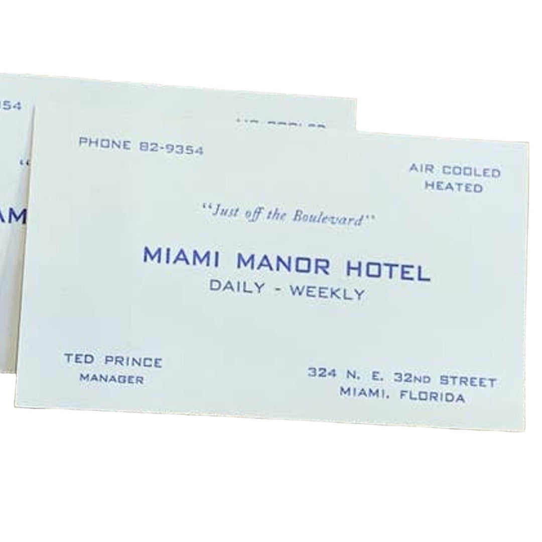 Vintage 1950s Miami Manor Hotel  Just Off the Boulevard Manager Business Cards