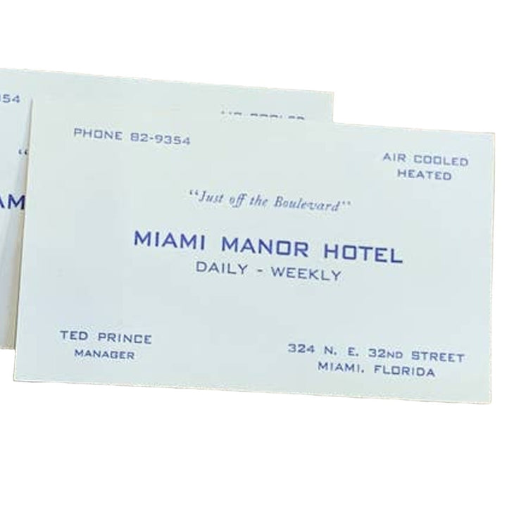Vintage 1950s Miami Manor Hotel  Just Off the Boulevard Manager Business Cards