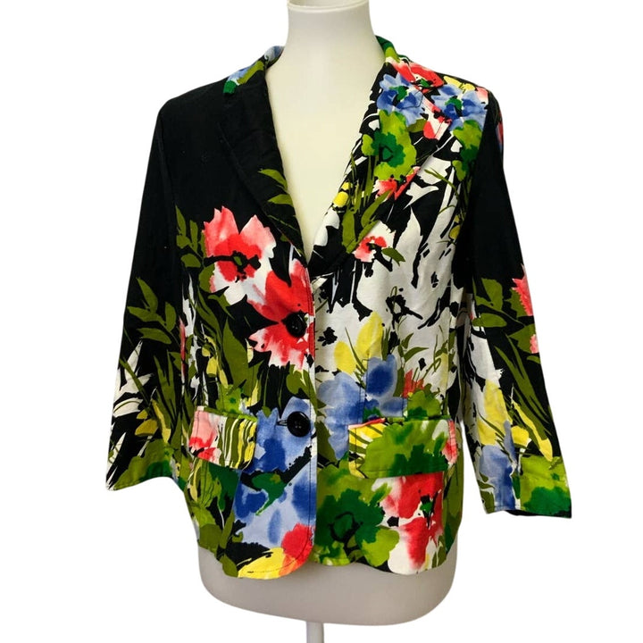 Elementz Medium Long Sleeve Cotton Blend Colorful Floral on Black Blazer Jacket