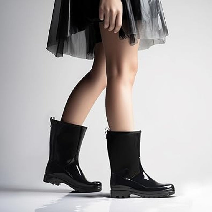 New Hisea Womens Size 7 Black Slide On Waterproof Mid Calf Garden Rain Boots