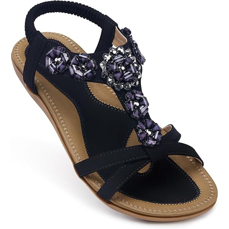 Shibever Womens Size 11 Black Flat Elastic Ankle Strap Beaded Flower Sandals