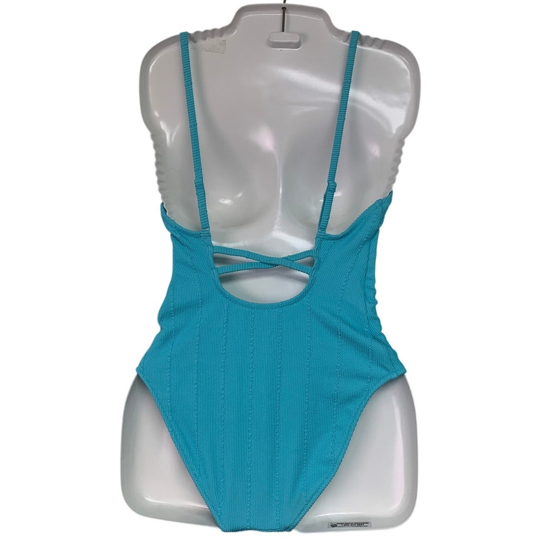 New Aerie Womens Small One Piece 1PC Full Coverage Ribbed Blue Swim Suit