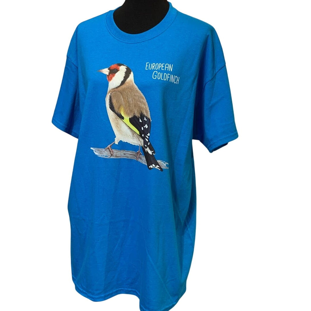 New Hand Printed Mens XL European Goldfinch Bird Ukraine Artist Fundraiser Tee