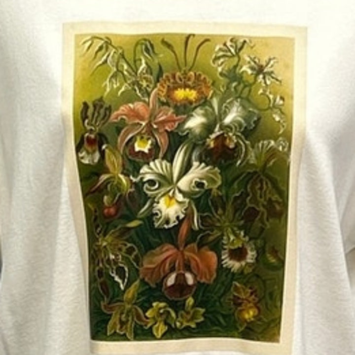 Hand Printed Upcycled Womens XXL Vintage Orchid Botanical Flower Tee Shirt