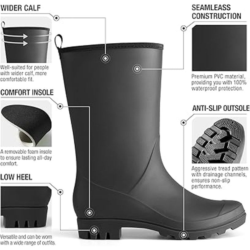 Hisea Womens Size 8 Wide Calf Black PVC Pull On Waterproof Garden Rain Boots