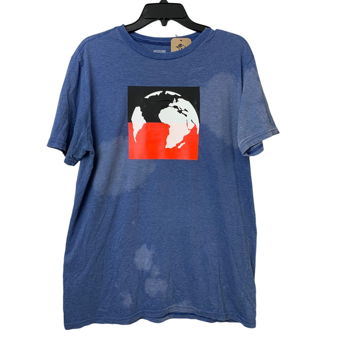 Upcycled Hand Printed Womens Medium Blue Save Planet Earth Bleached Tee Shirt
