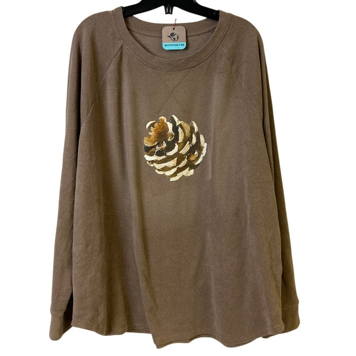 Upcycled Hand Printed Womens 2XL Rustic Pinecone Long Sleeve Light Sweatshirt