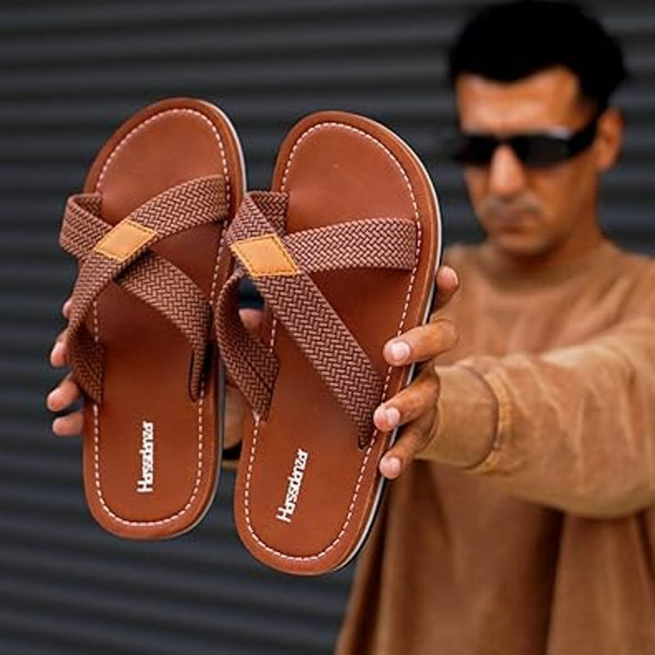 New Harssidanzar Mens Size 10 Brown Open Toe Braided Look Slide Sandals w Flaw