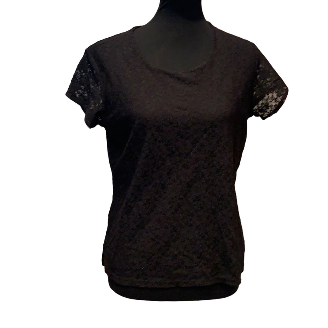 Kate Hill Womens Large Short Sleeve Black Lace Shell Career Top Blouse Shirt