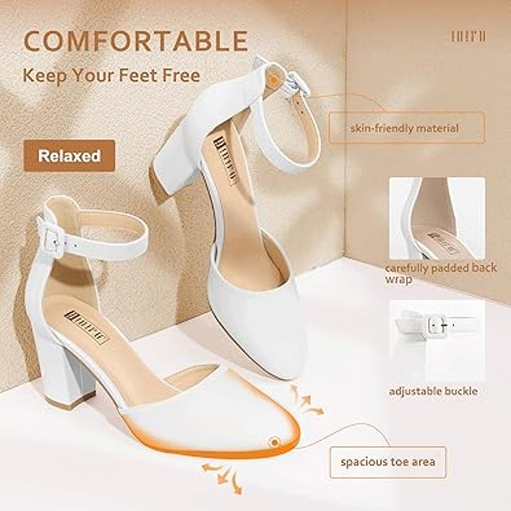 Idifu Womens Size 5.5 White Closed Toe 3" Chunky Heel Ankle Strap Wedding Shoes