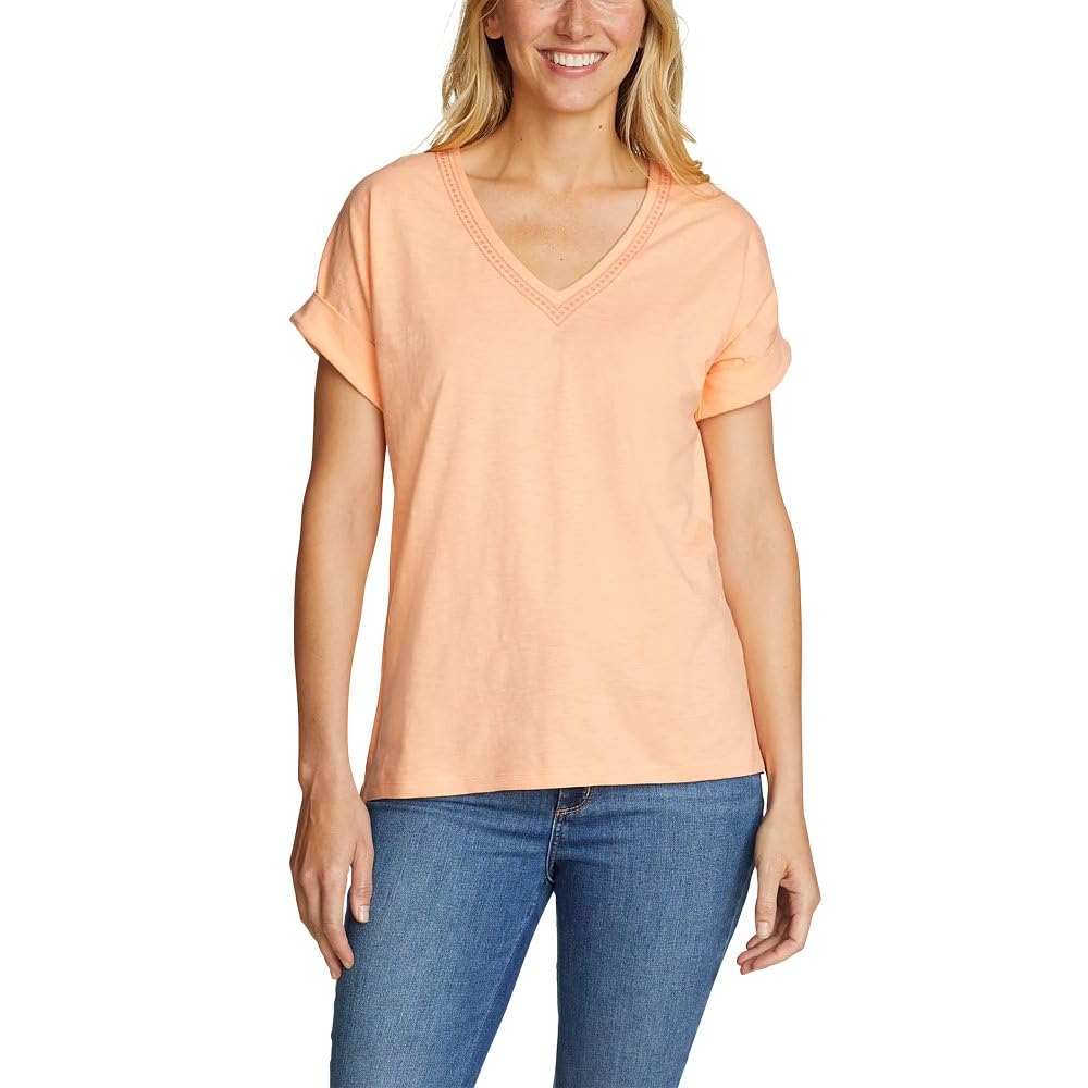 New Eddie Bauer Womens XS Peach Short Sleeve Daisy Slub V-Neck Cotton Tee Shirt