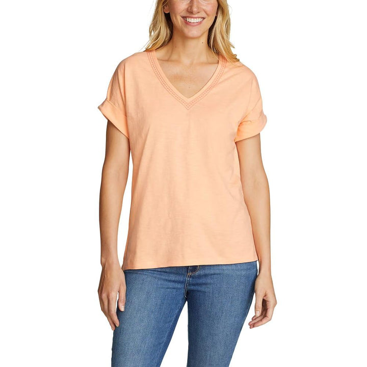 New Eddie Bauer Womens XS Peach Short Sleeve Daisy Slub V-Neck Cotton Tee Shirt