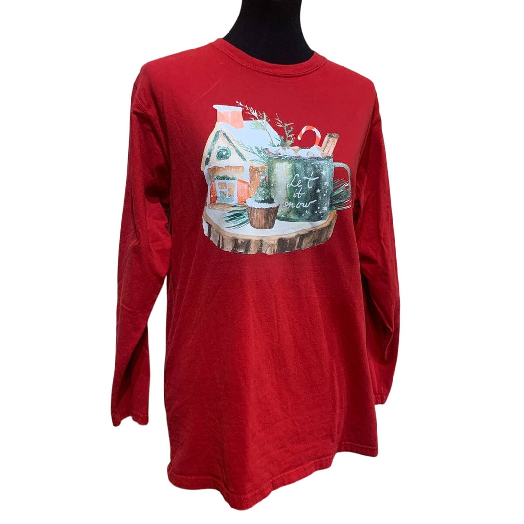 Upcycled Hand Printed XL Christmas Cottage Tree Cupcake Cocoa Long Sleeve Tee