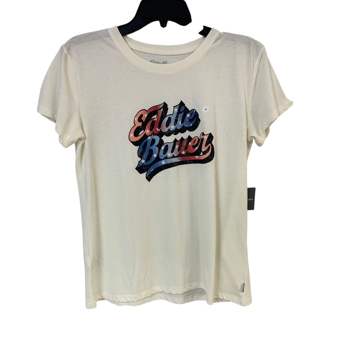 New Eddie Bauer Womens Small Ivory Red Blue Gradient Logo Graphic Tee Shirt