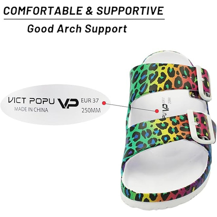 Vict Popu Womens Size 6.5 Rainbow Leopard Slide On Double Buckle Comfort Sandals