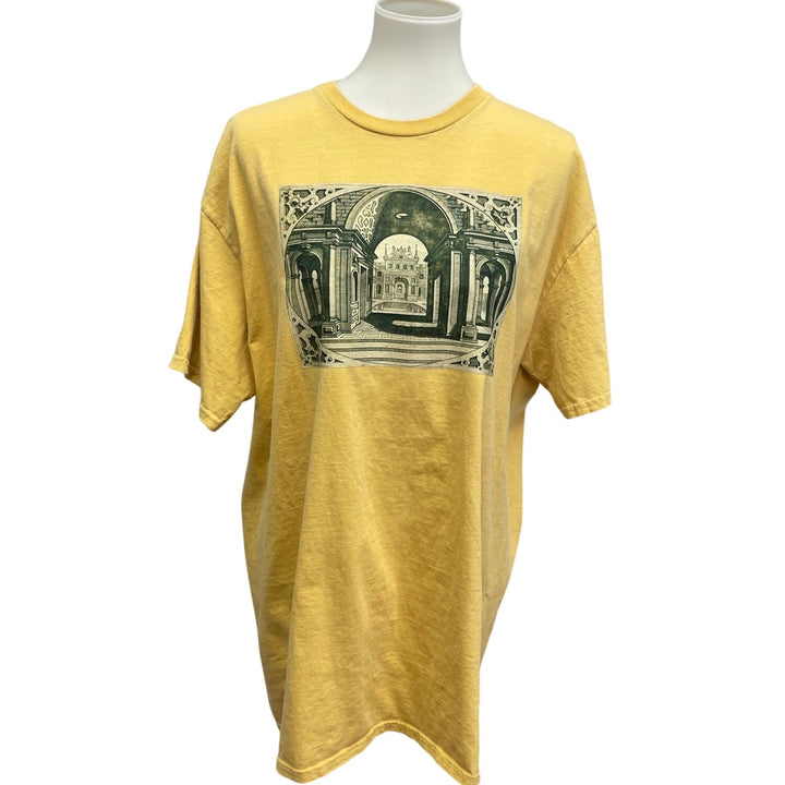 Hand Printed Mens XL Upcycled Architecture Columns Castle Short Sleeve Tee Shirt