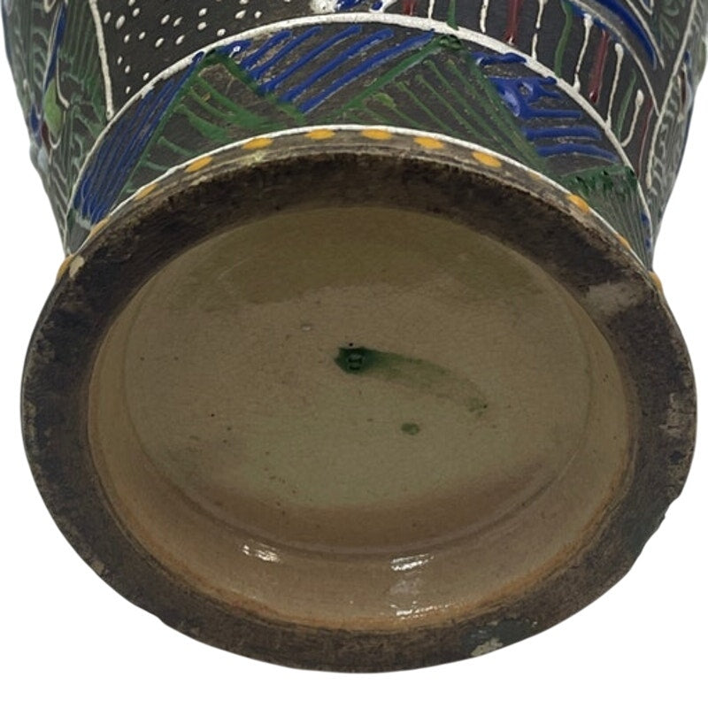 Vintage Ceramic Asian Couple Painted Mosaic Double Handle Crack Repair Vase