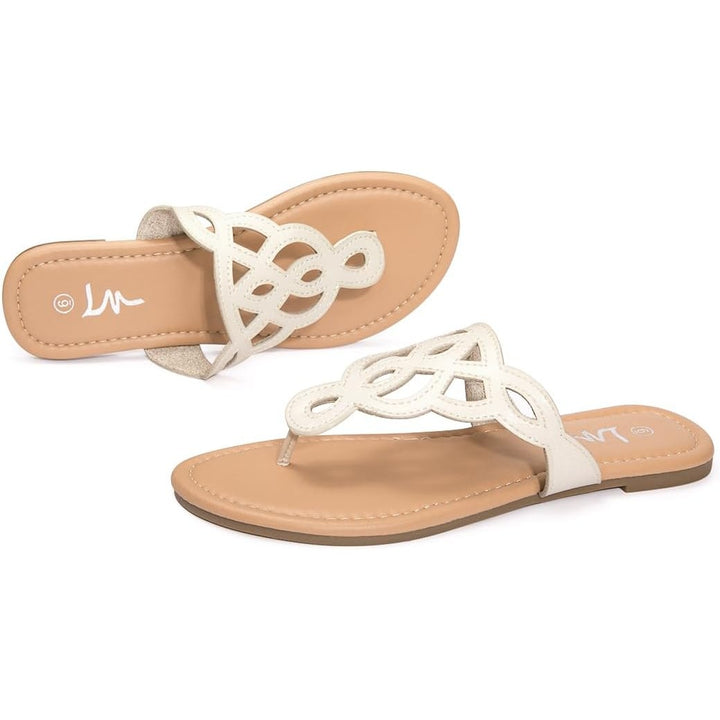 LM Womens Size 6 Cream Thong T-Strap Slip On Flat Flip Flop Sandals Shoes