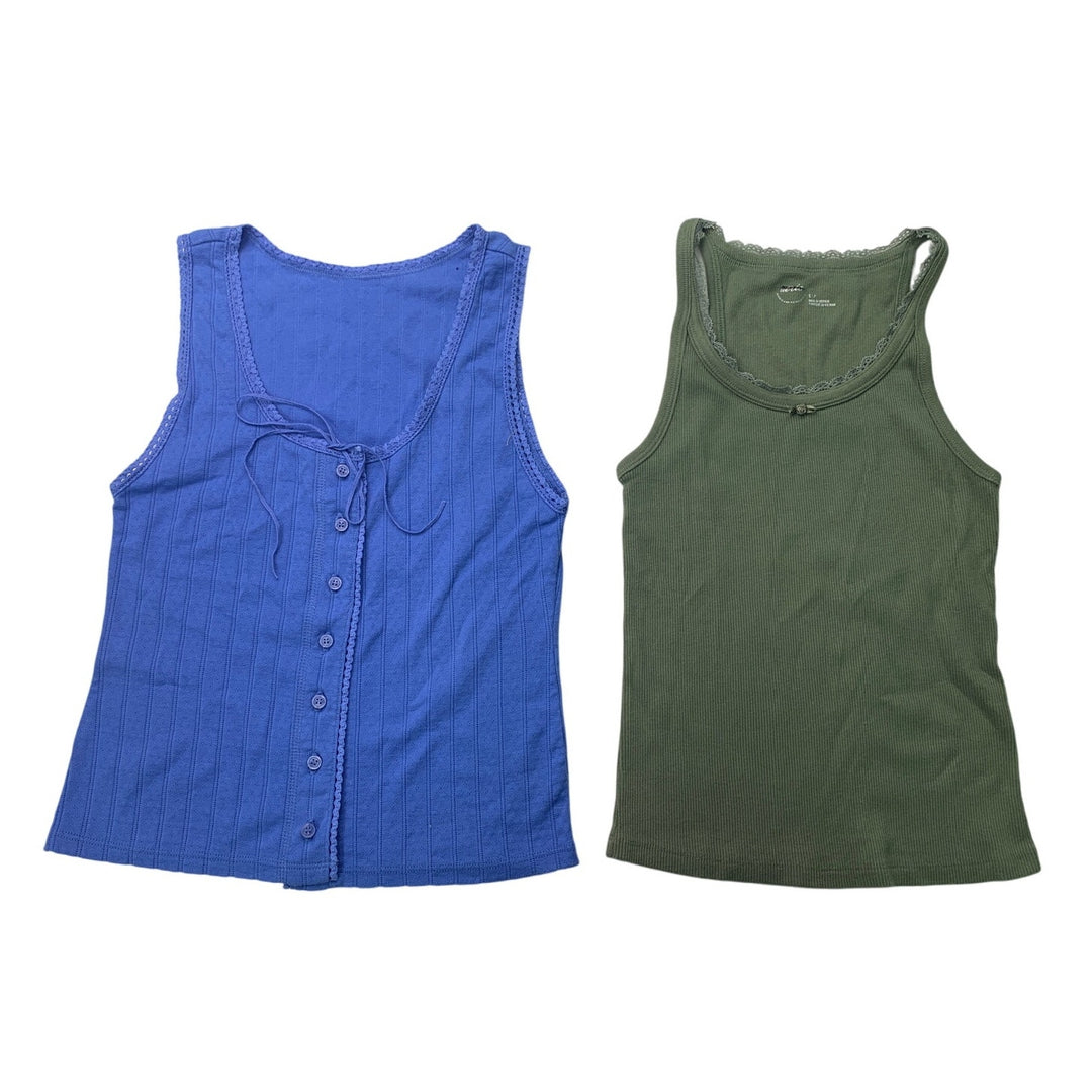 2 New Aerie Womens Small Lace Blue Green Front Button Sleeveless Tank Tops