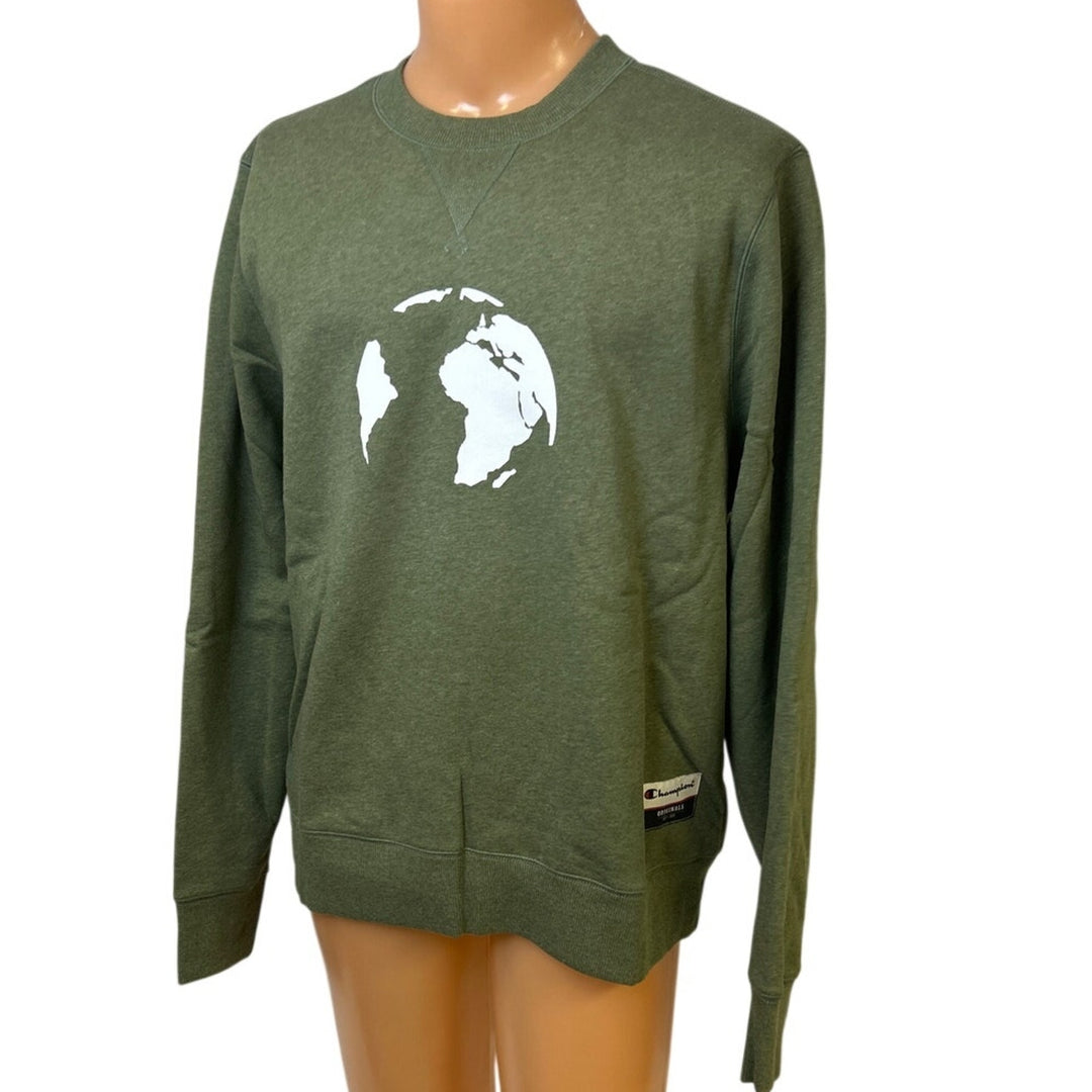 New Champion Mens Large Green Hand Printed Earth Pullover Crew Neck Sweatshirt