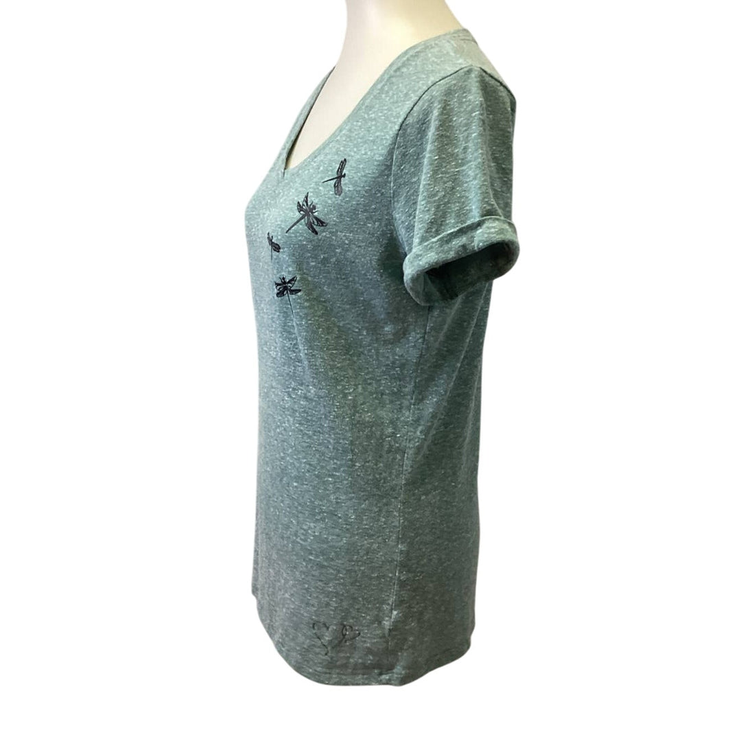 Hand Printed Upcycled Juniors Large Dragonfly V Neck Short Sleeve Tee Shirt