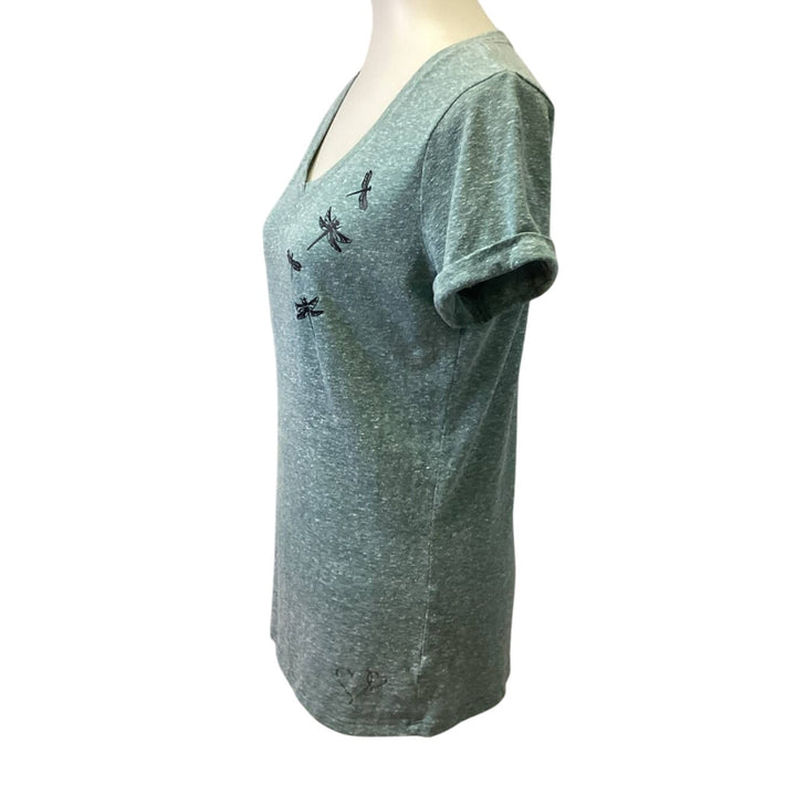 Hand Printed Upcycled Juniors Large Dragonfly V Neck Short Sleeve Tee Shirt